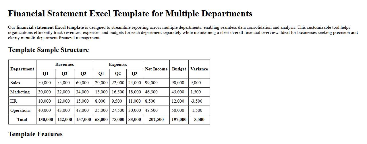 financial statement excel template for multiple departments image preview