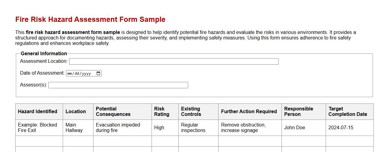 fire risk hazard assessment form sample image preview