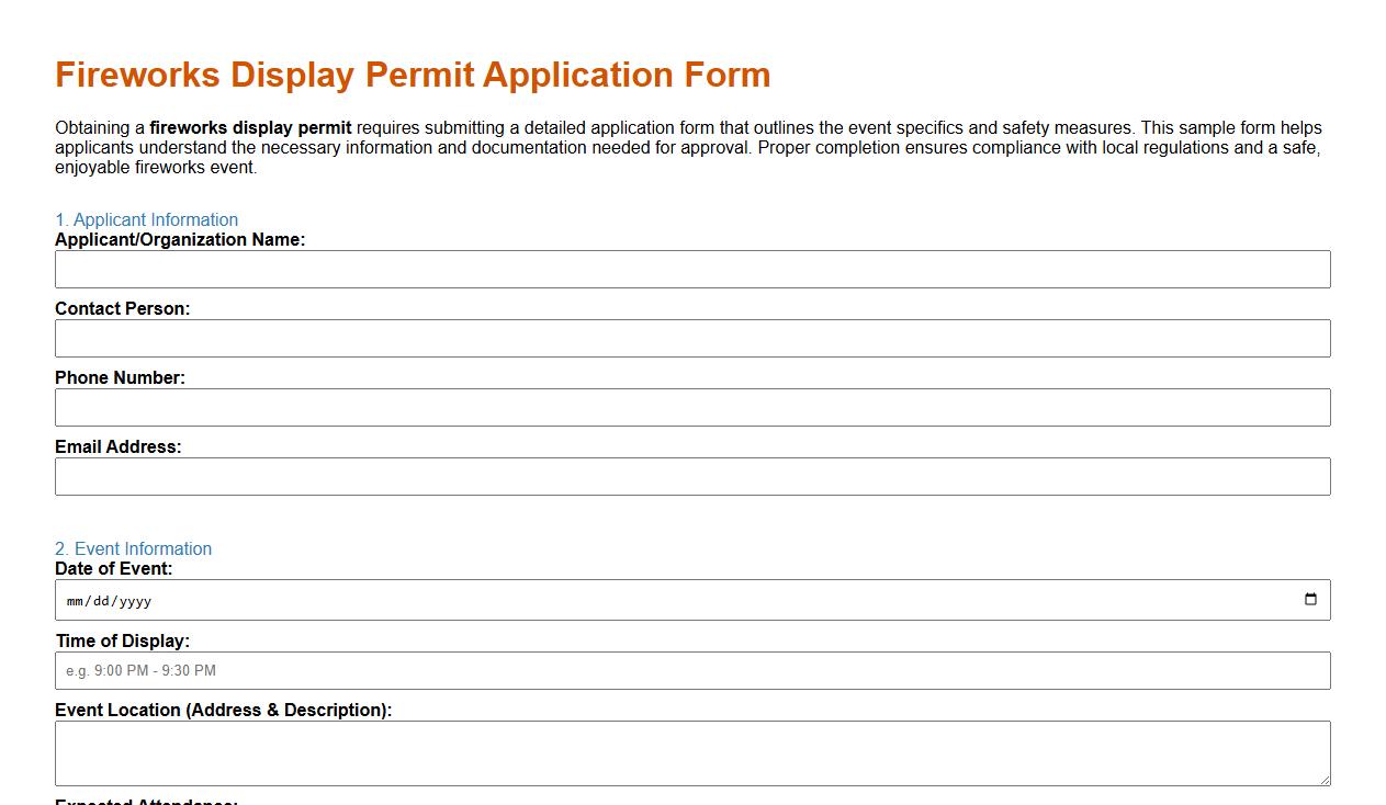 Fireworks display permit application form sample image preview