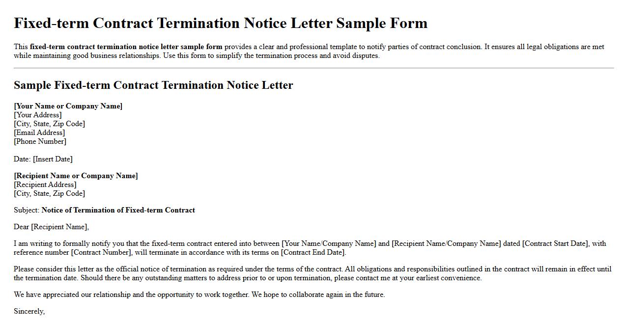 Fixed-term contract termination notice letter sample form image preview