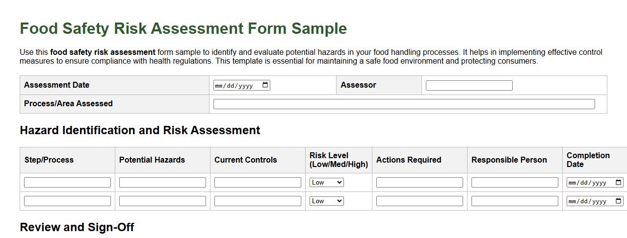 Food safety risk assessment form sample image preview