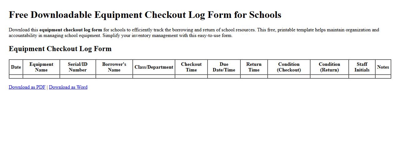 Free downloadable equipment checkout log form for schools image preview