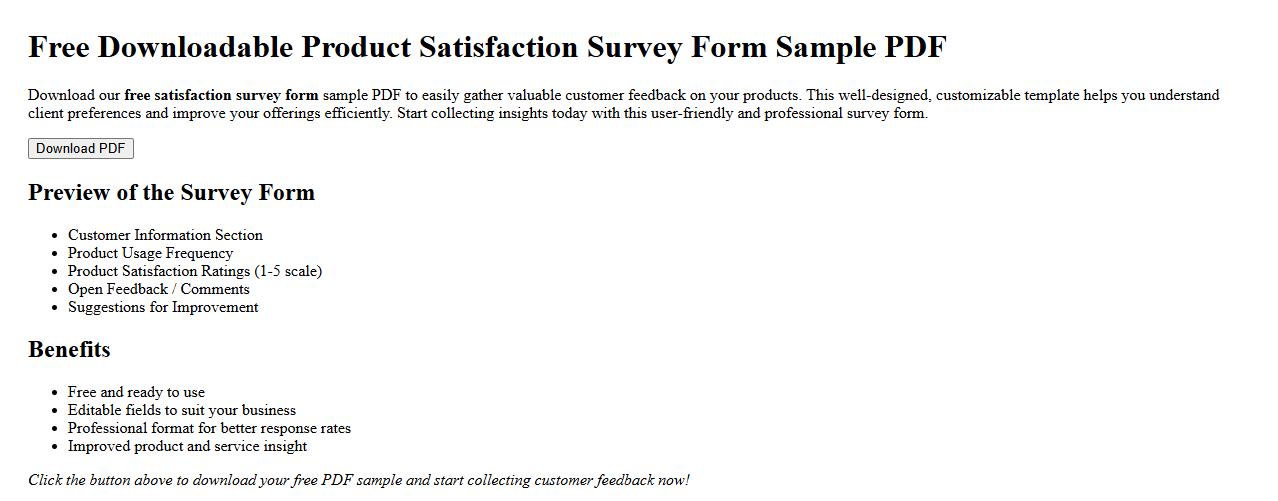 free downloadable product satisfaction survey form sample PDF image preview