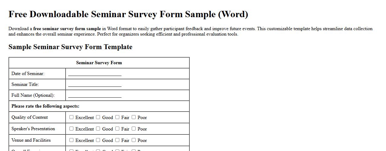 free downloadable seminar survey form sample in Word image preview