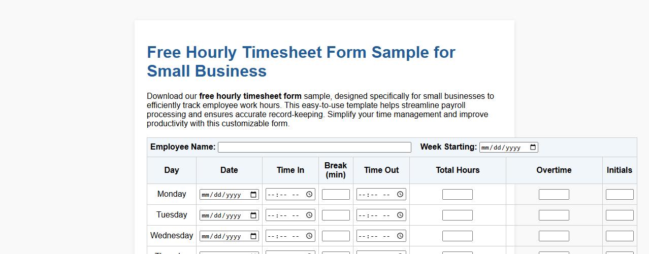free hourly timesheet form sample for small business image preview