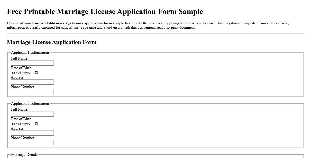 Free printable marriage license application form sample image preview