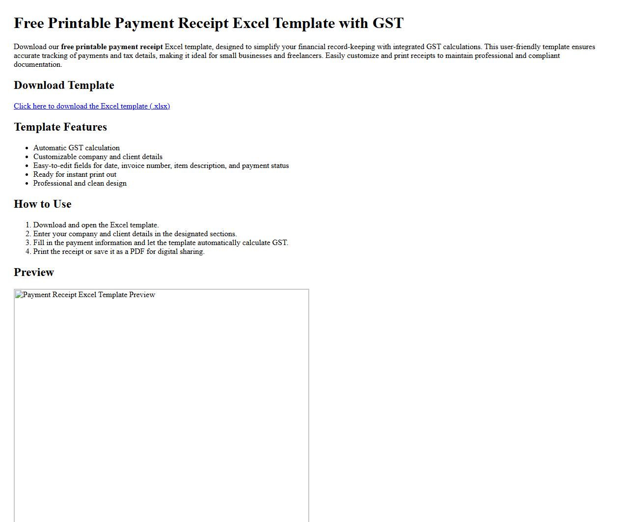 free printable payment receipt excel template with gst image preview
