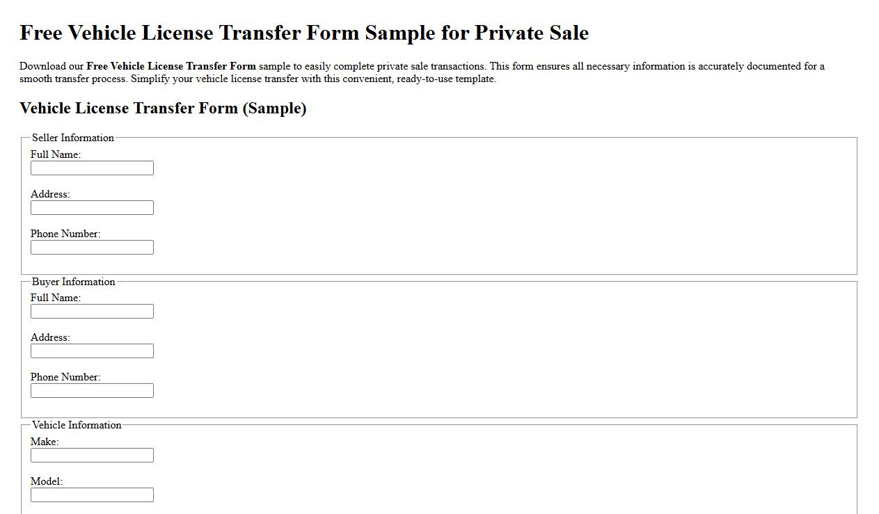 Free Vehicle License Transfer Form Sample for Private Sale image preview