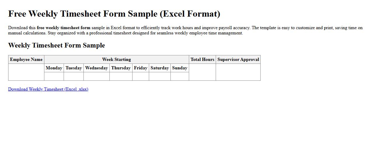 free weekly timesheet form sample in Excel format image preview