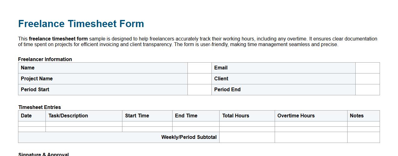 Freelance timesheet form sample including overtime image preview