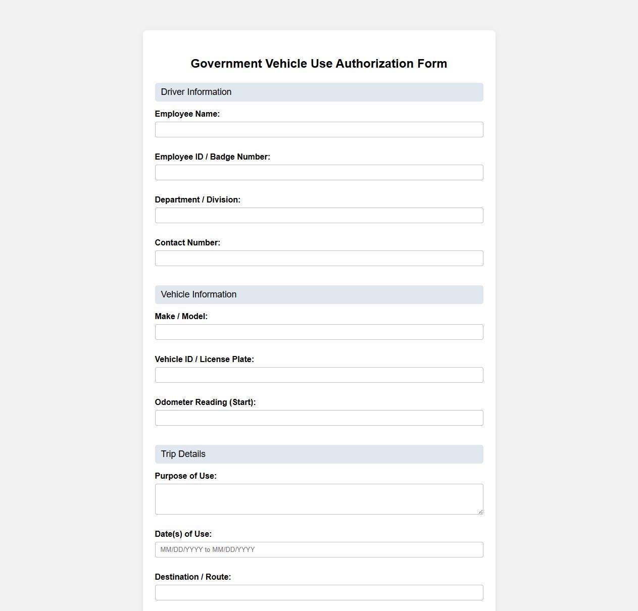 government vehicle use authorization form example image preview