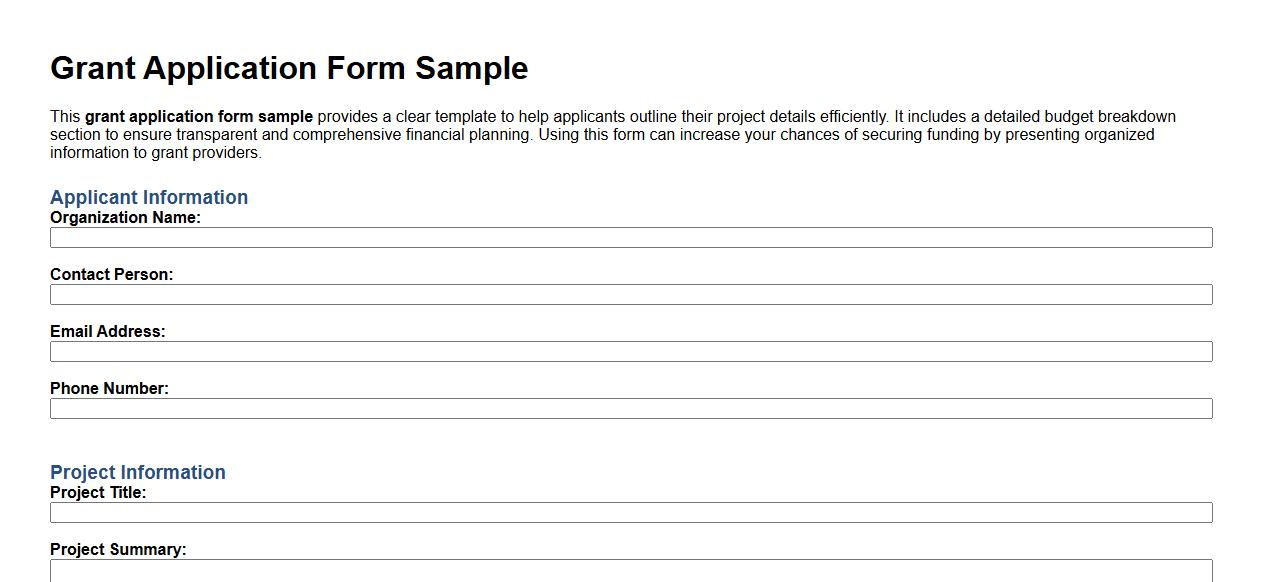 Grant application form sample with budget breakdown image preview