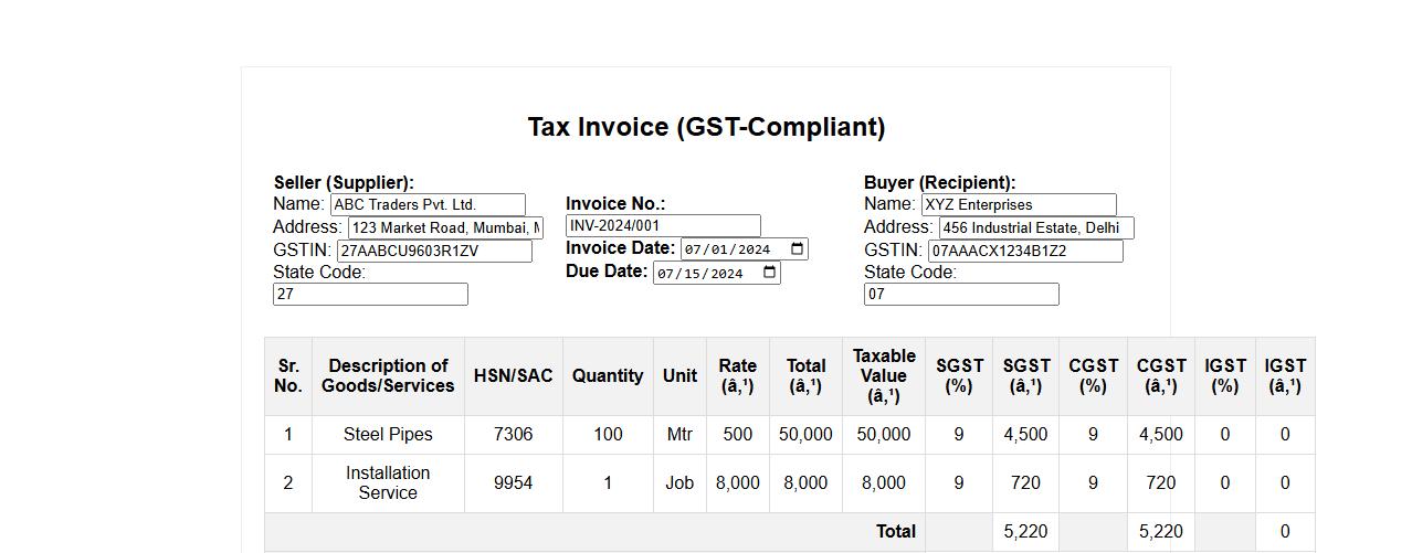 GST-compliant sales invoice form sample for India image preview