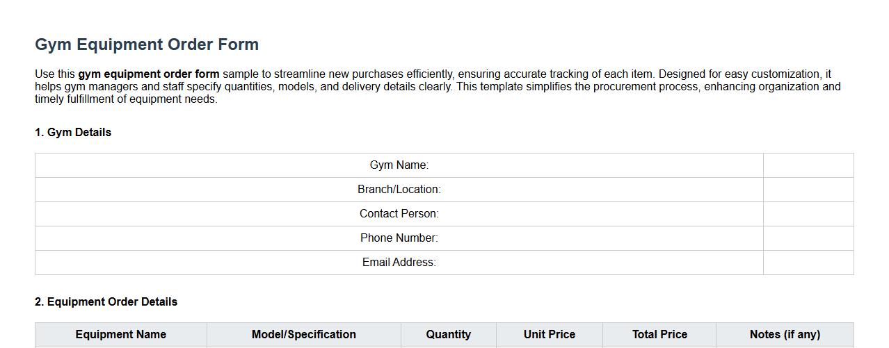 gym equipment order form sample for new purchases image preview