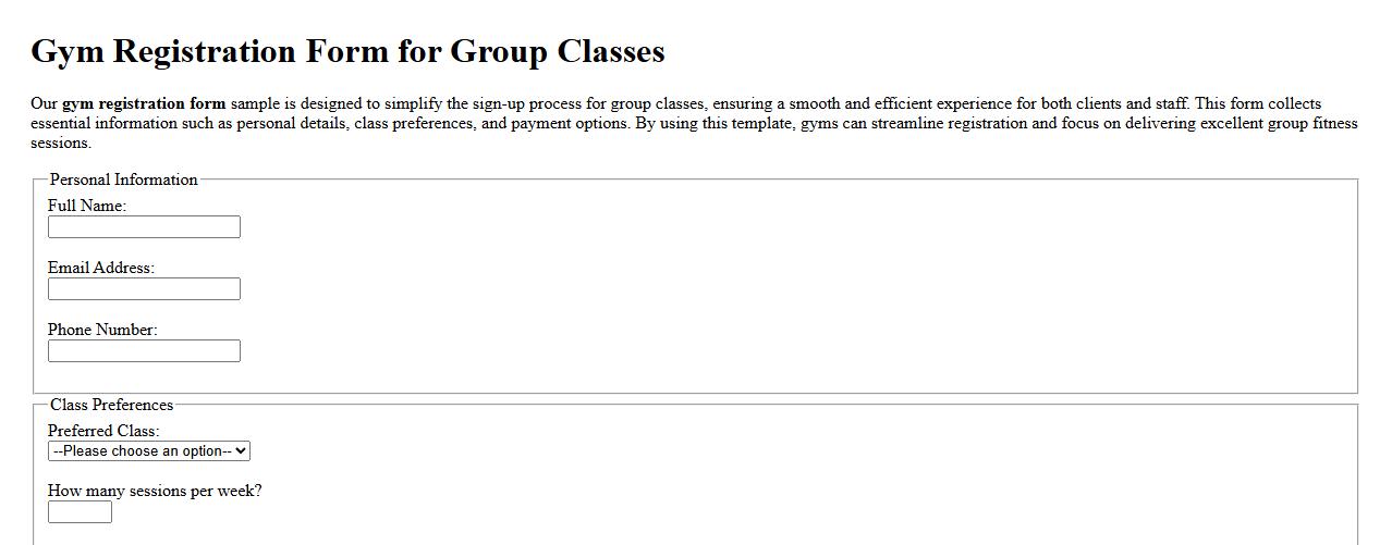 Gym registration form sample for group classes image preview
