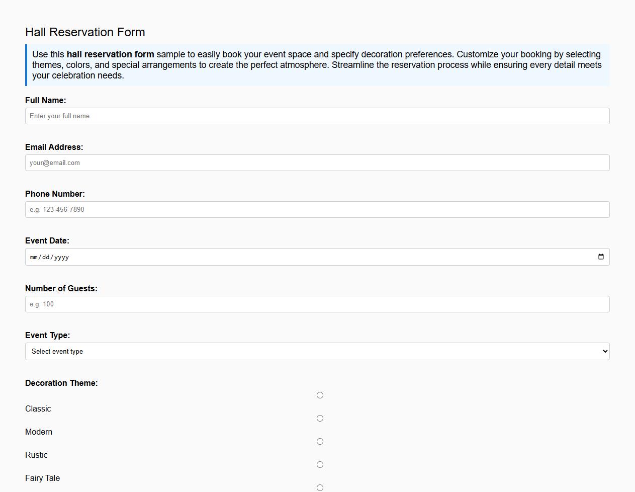 Hall reservation form sample with decoration preferences image preview