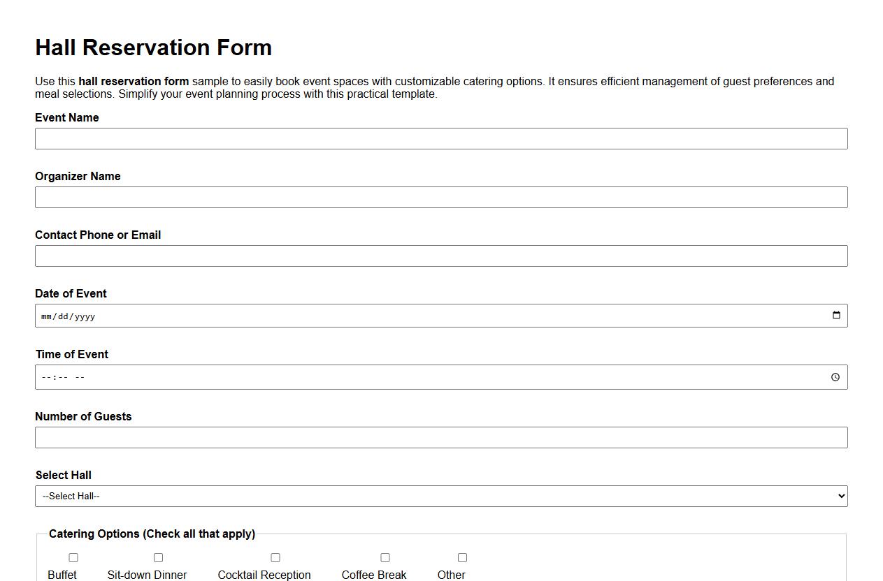Hall reservation form sample including catering options image preview