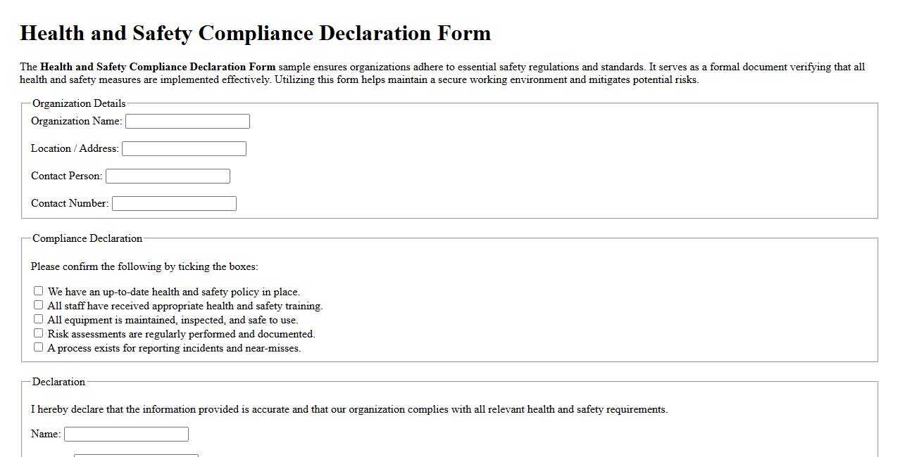 Health and Safety Compliance Declaration Form Sample image preview