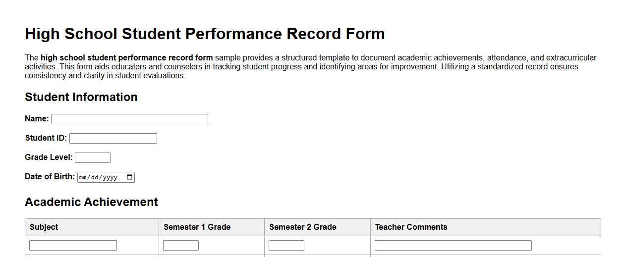 High school student performance record form sample image preview