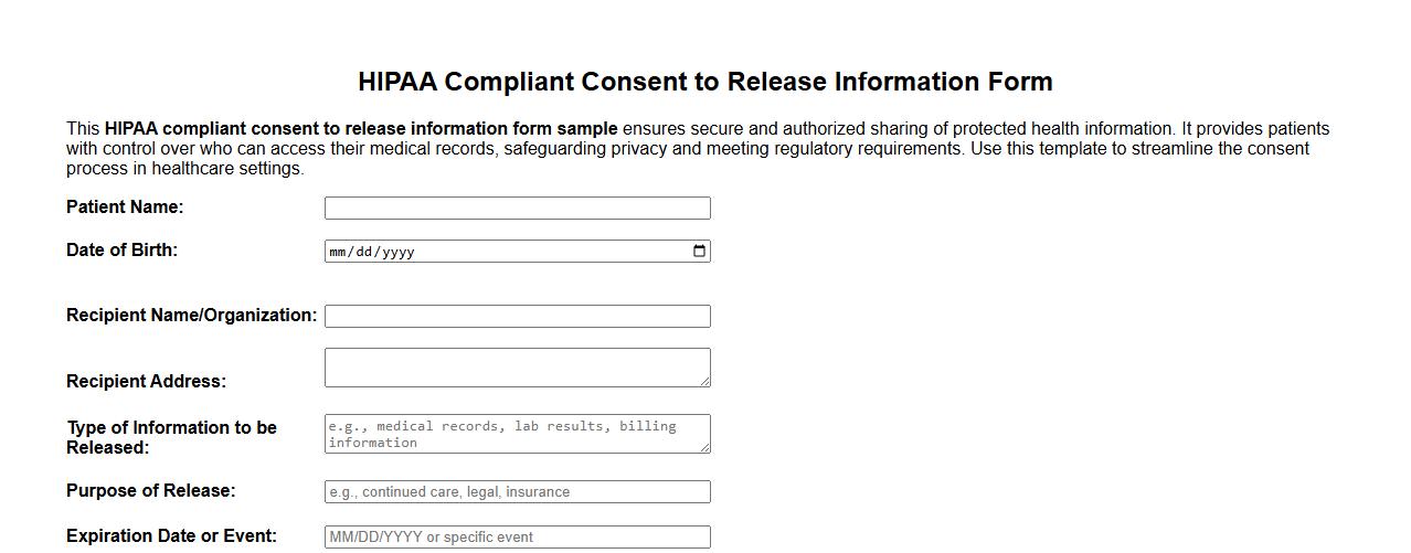 HIPAA compliant consent to release information form sample image preview