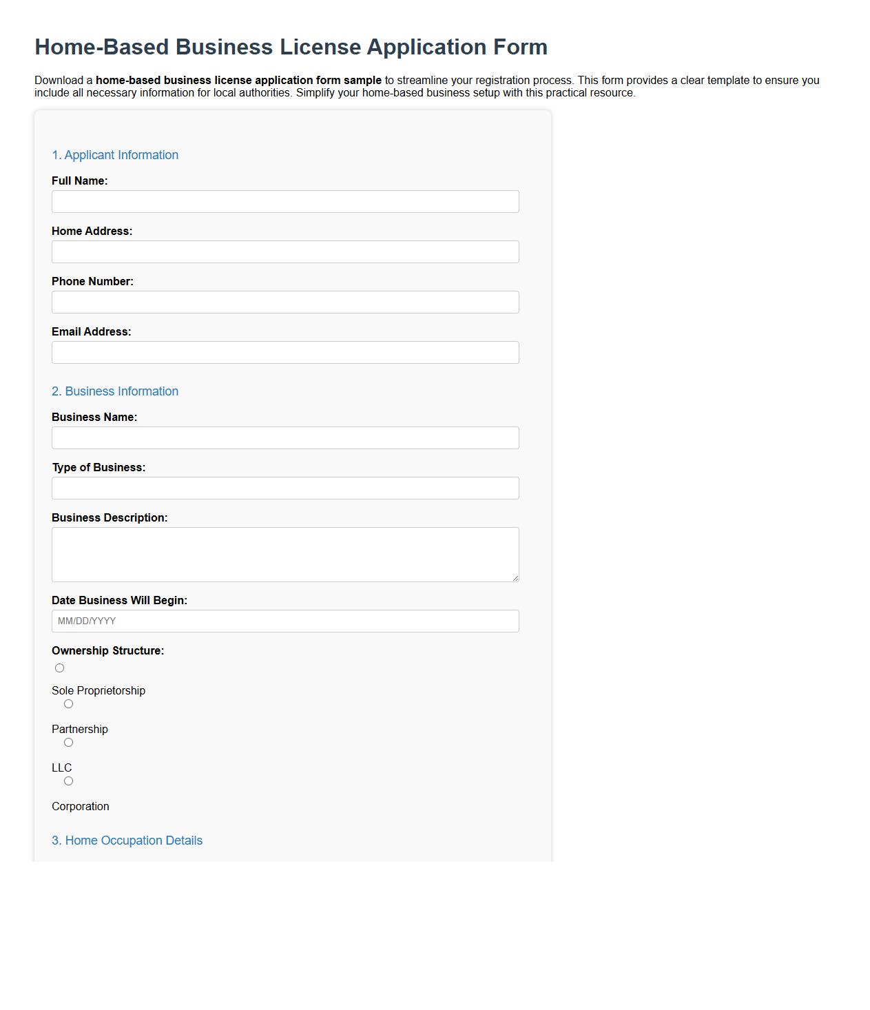 home-based business license application form sample image preview