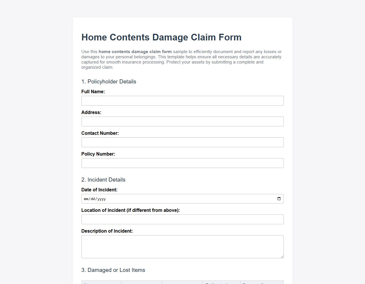 Home contents damage claim form sample image preview