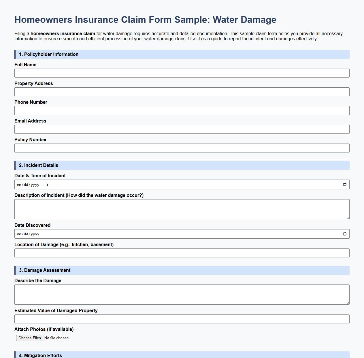 Homeowners insurance claim form sample for water damage image preview