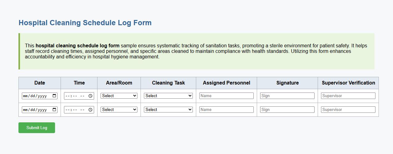 hospital cleaning schedule log form sample image preview