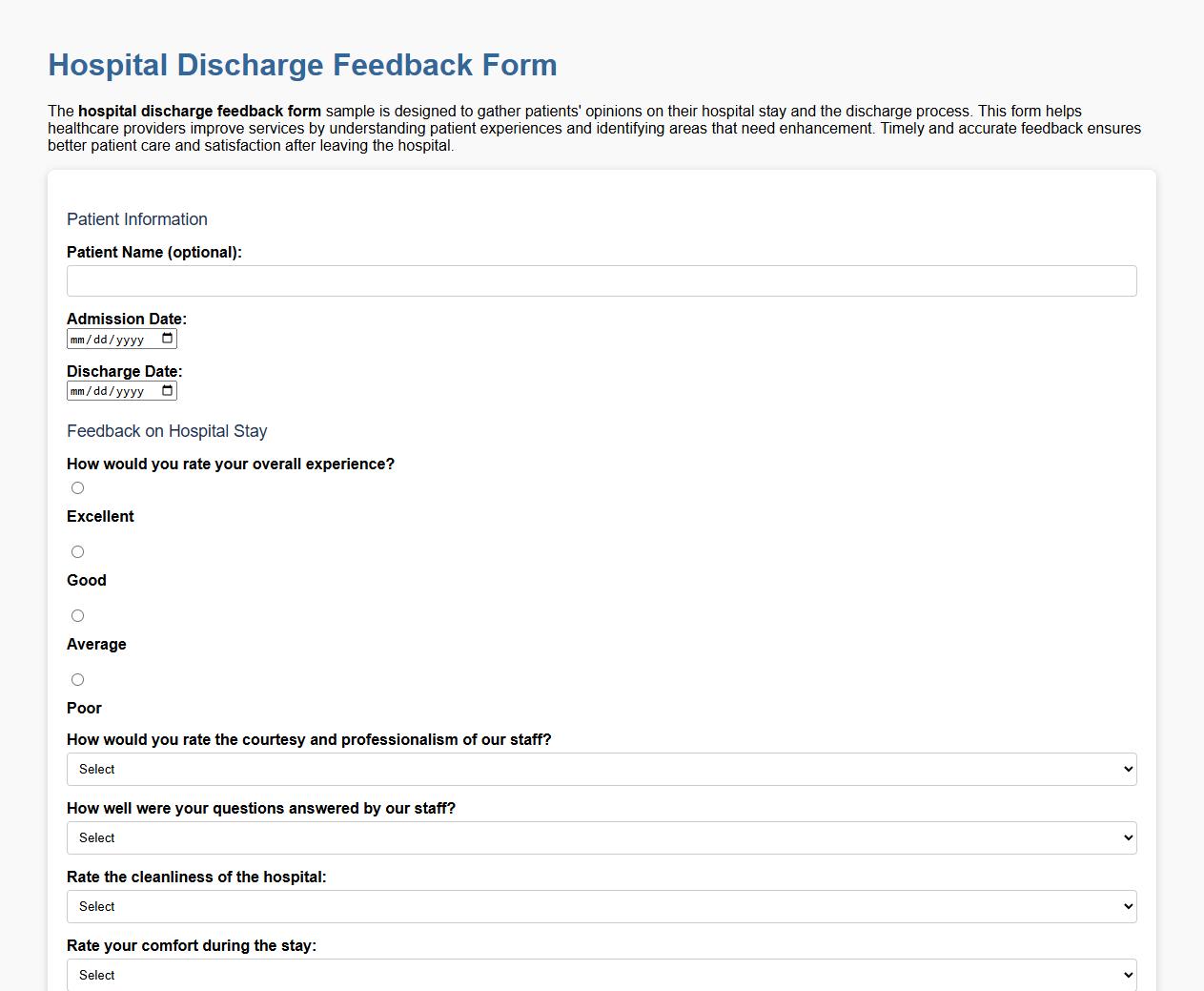 hospital discharge feedback form sample image preview