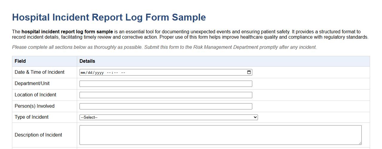 hospital incident report log form sample image preview