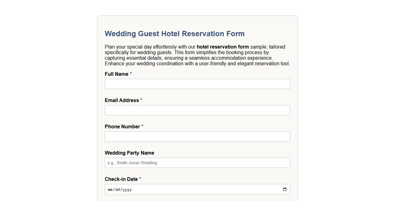 Hotel reservation form sample for wedding guests image preview