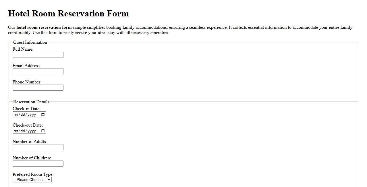 Hotel room reservation form sample for family accommodation image preview