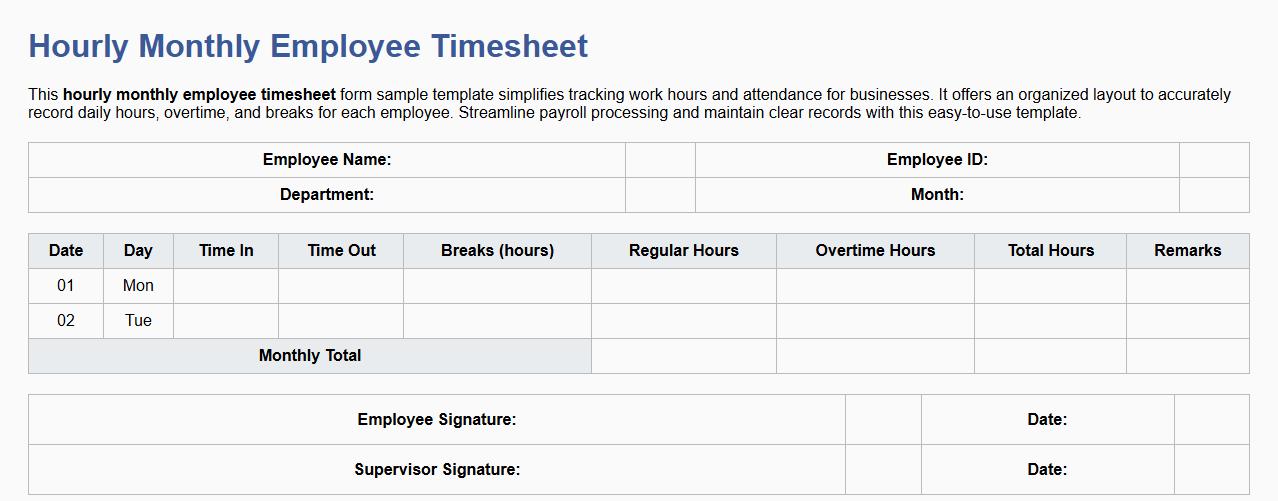 Hourly monthly employee timesheet form sample template image preview