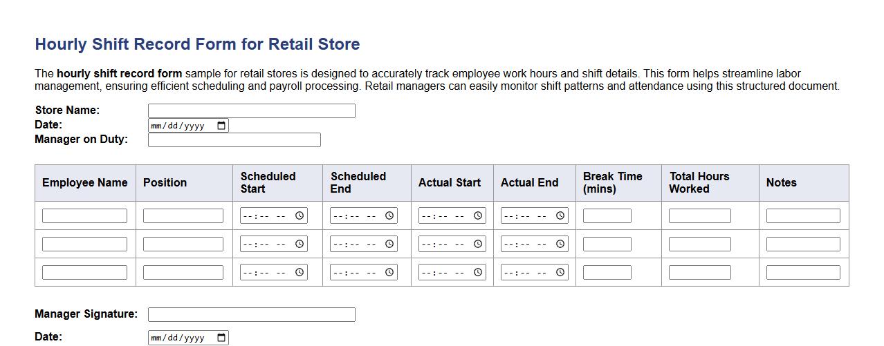 hourly shift record form sample for retail stores image preview