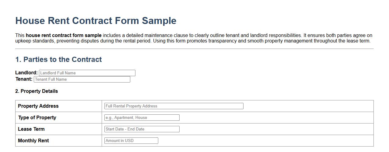 House rent contract form sample with maintenance clause image preview