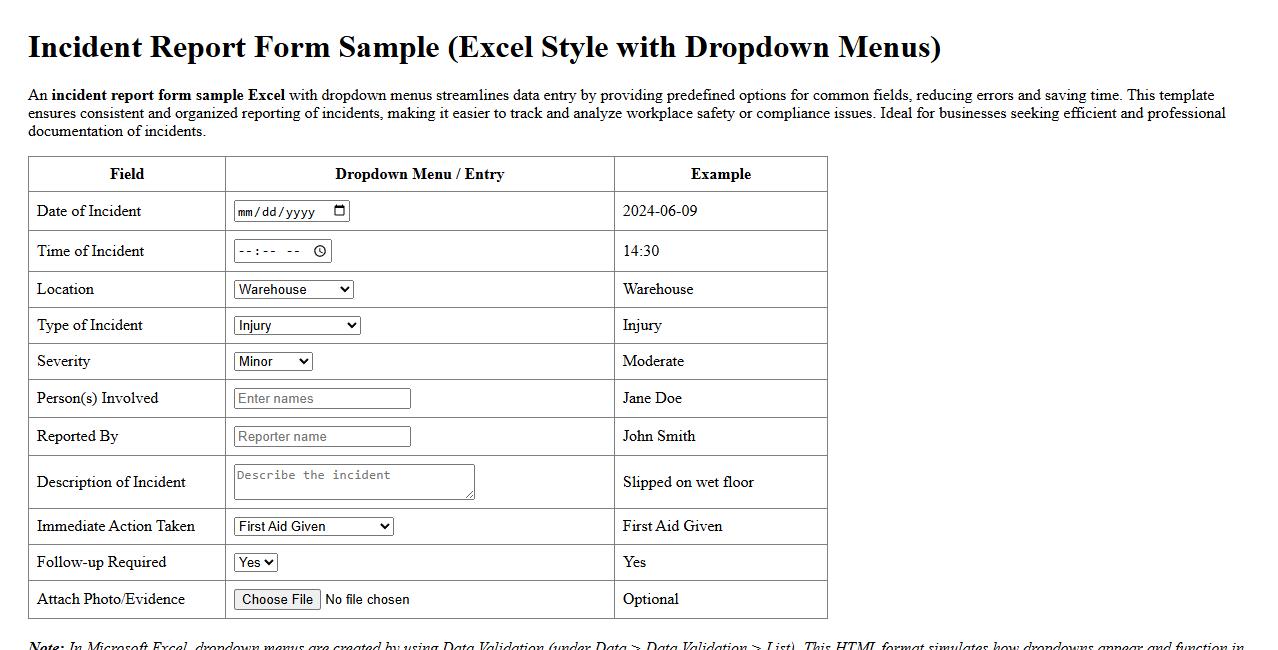 incident report form sample excel with dropdown menus image preview