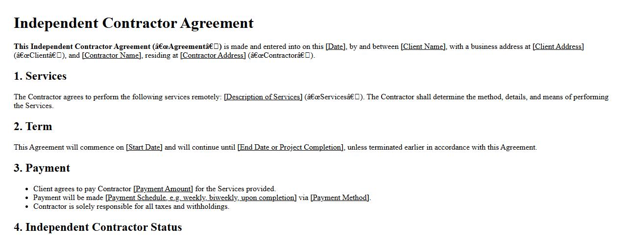 independent contractor agreement contract form sample for remote workers image preview