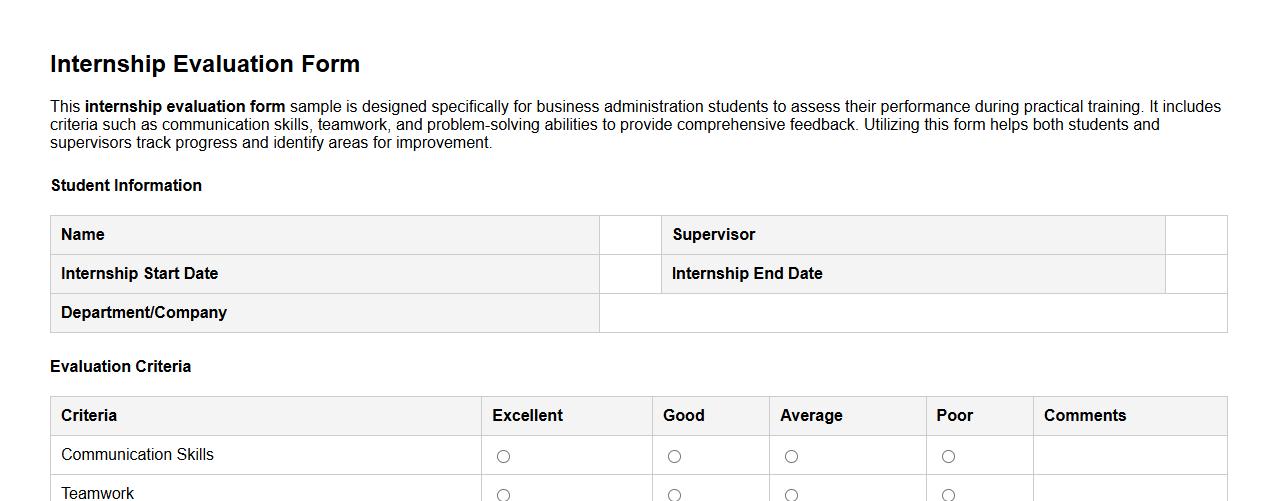 Internship evaluation form sample for business administration students image preview