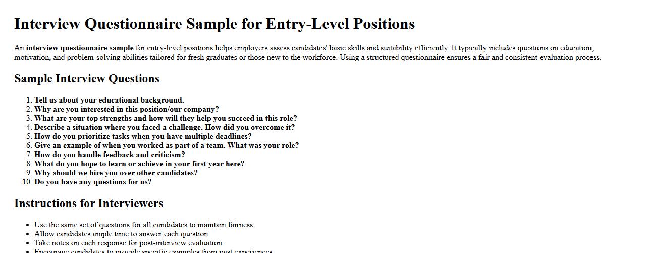 Interview questionnaire sample for entry-level positions image preview