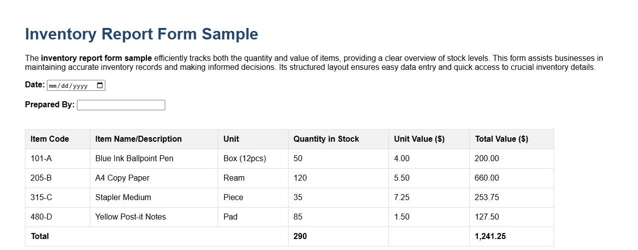 inventory report form sample including quantity and value image preview