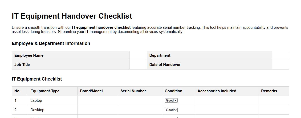 IT equipment handover checklist with serial number tracking image preview