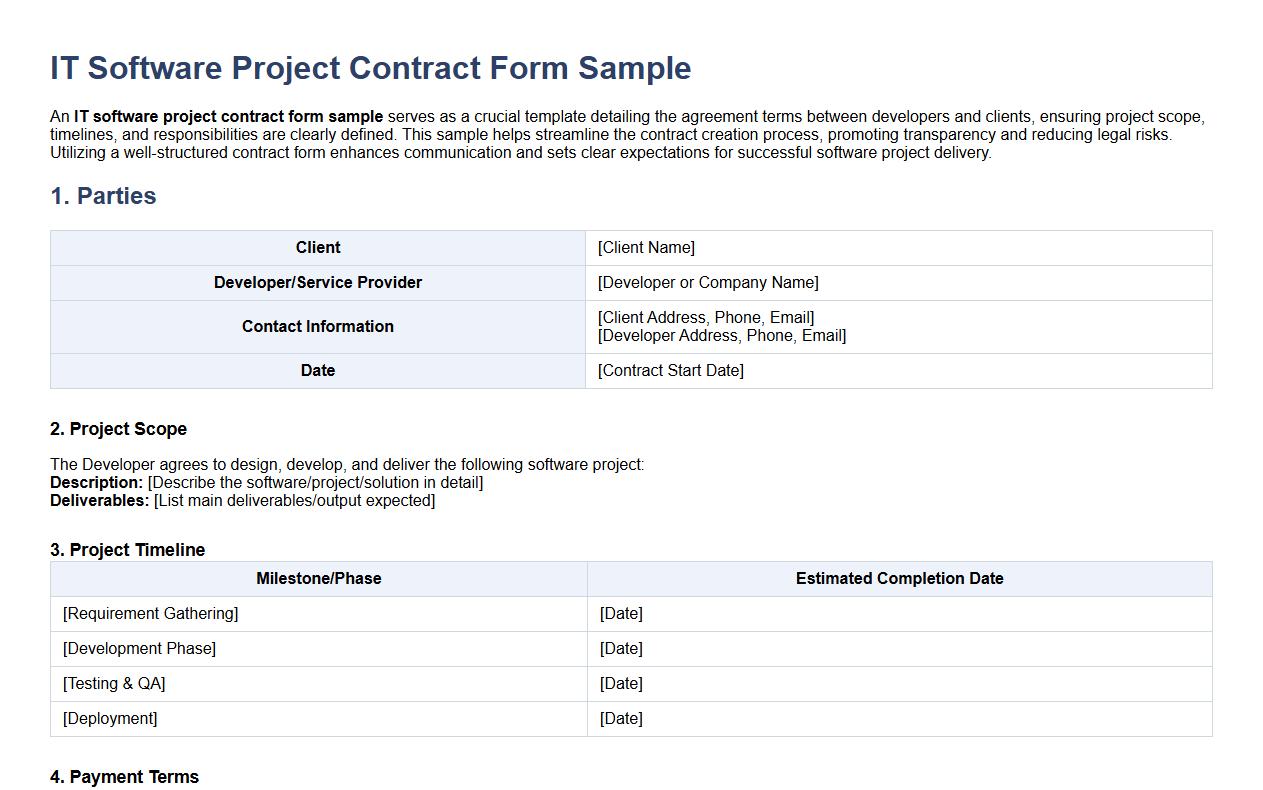 IT software project contract form sample image preview