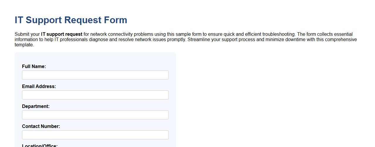 IT support request form sample for network connectivity problems image preview