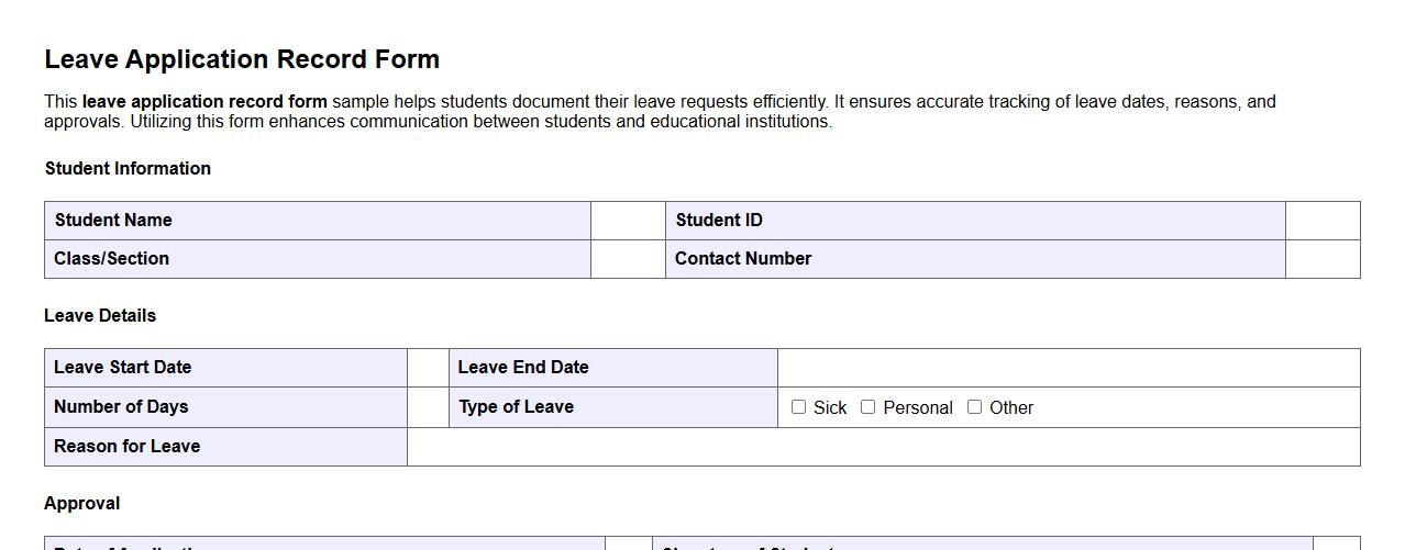 Leave application record form sample for students image preview