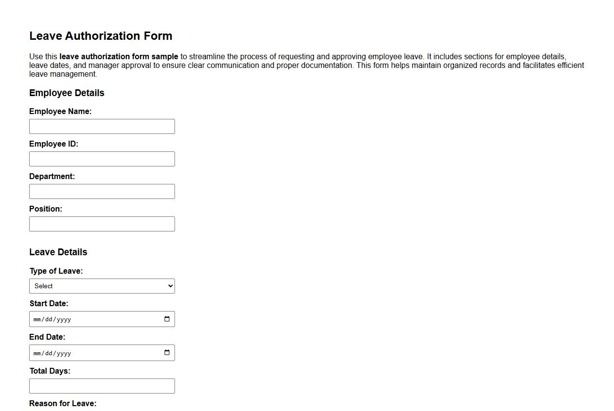 leave authorization form sample with manager approval image preview
