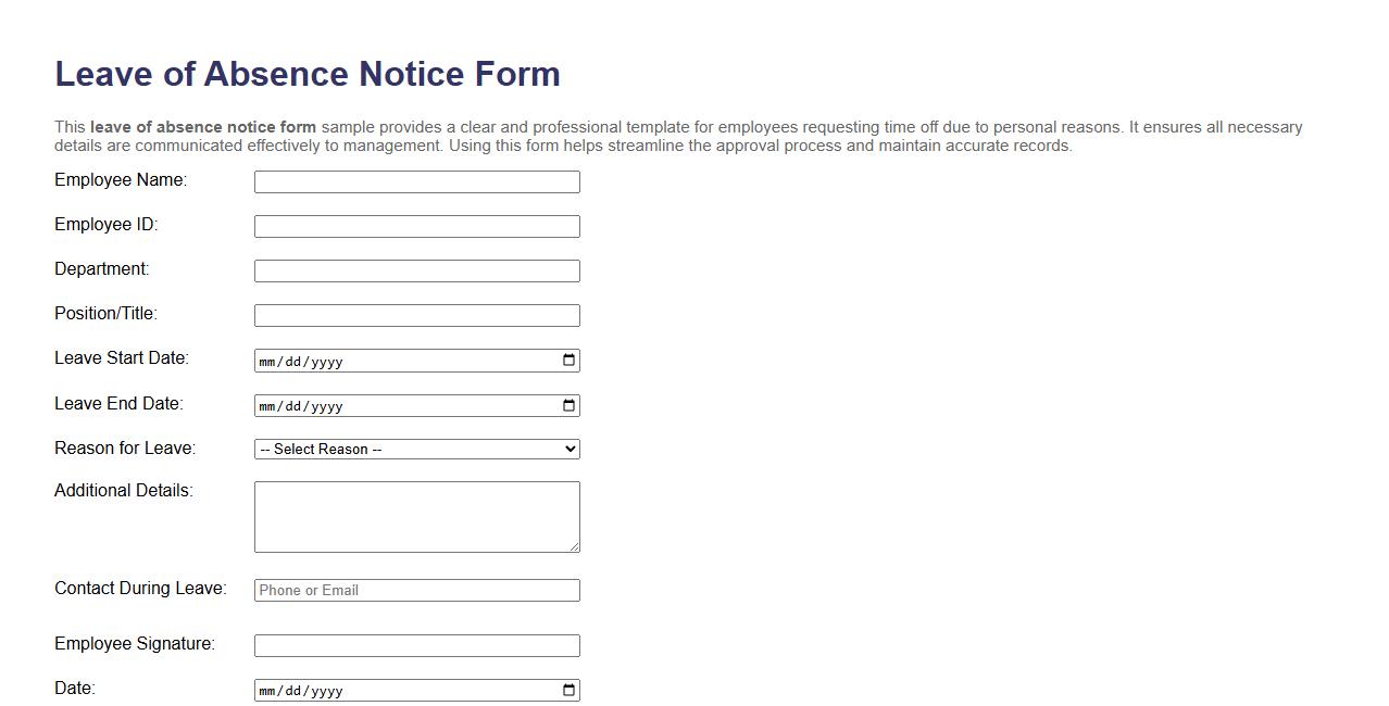 leave of absence notice form sample for personal reasons image preview