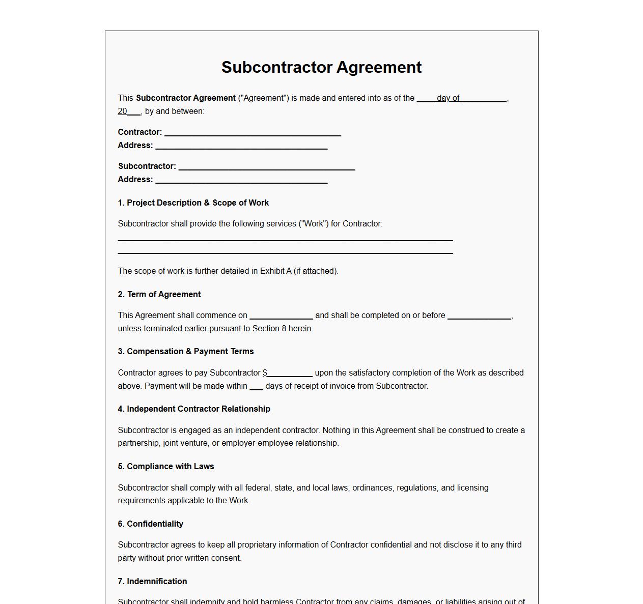 legally binding subcontractor contract form sample image preview