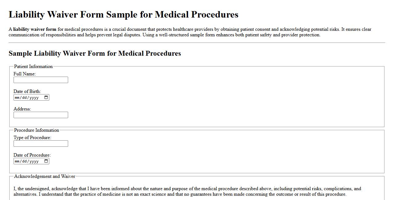 Liability waiver form sample for medical procedures image preview