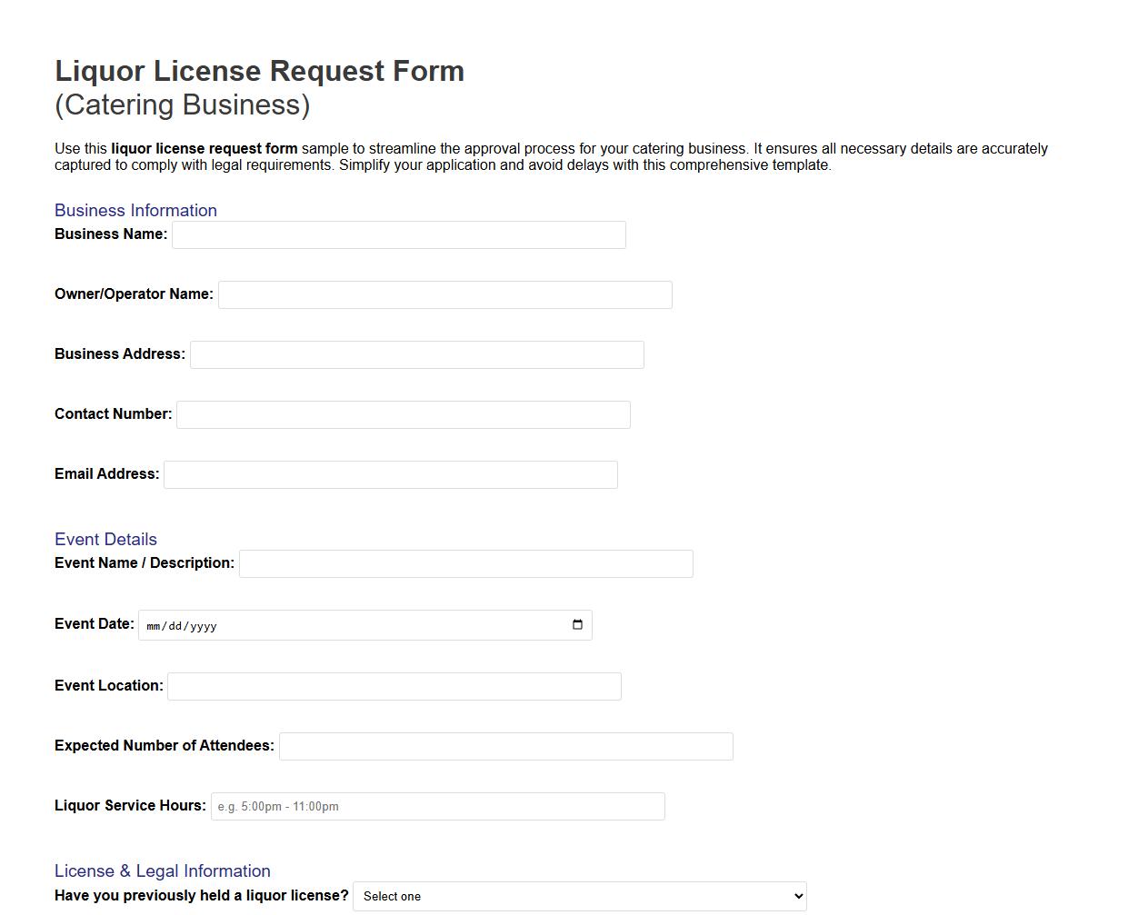Liquor license request form sample for catering business image preview