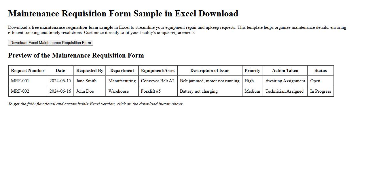 maintenance requisition form sample in excel download image preview